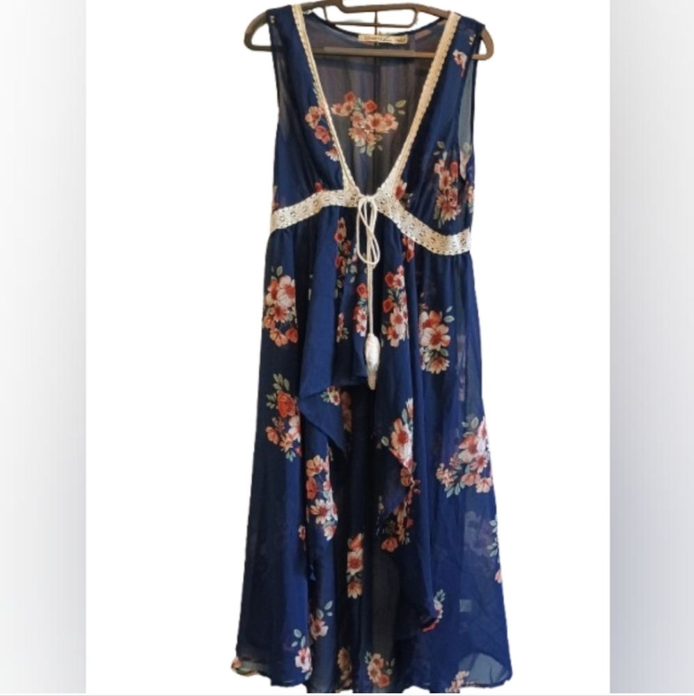 Floral Navy Maxi Top with Crochet Trim